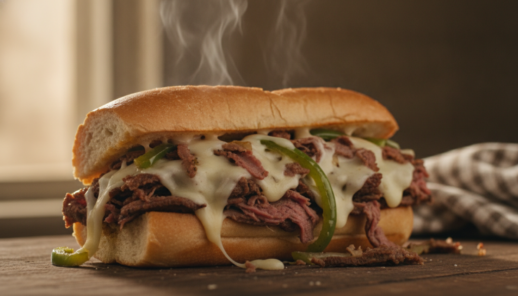 A warm gooey Philly Cheesesteak sub overflowing with thinly sliced steak melted provolone cheese and grilled onions and 
