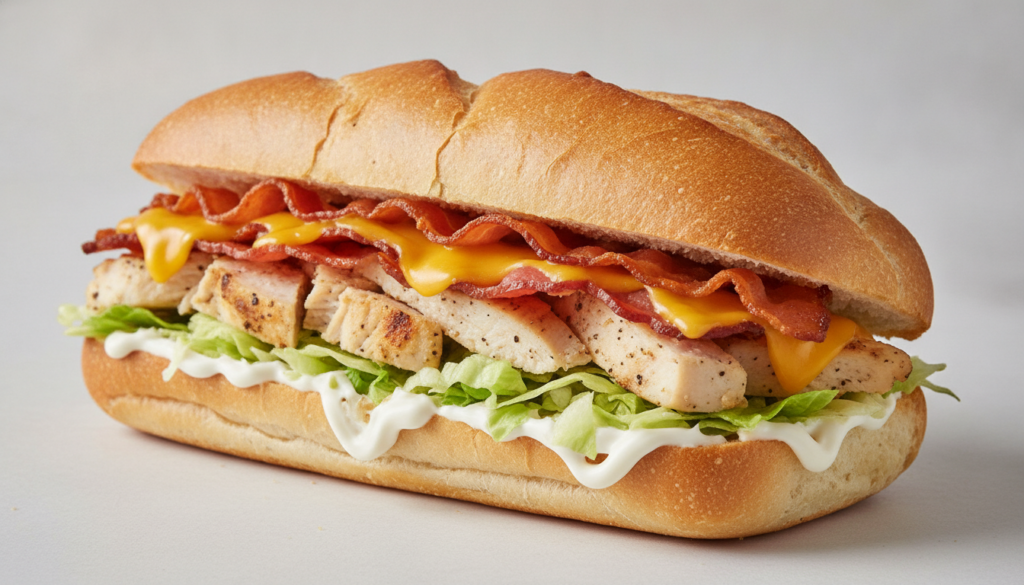 A robust Chicken Bacon Cheese sub filled with tender cooked chicken breast crispy bacon melted cheddar cheese shredded l