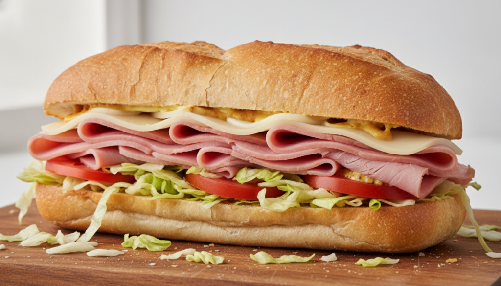 A straightforward and appealing Ham Cheese sub featuring layers of sliced ham provolone cheese shredded lettuce and toma