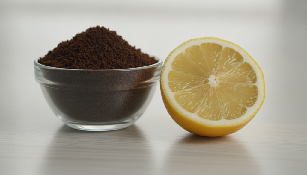 A small glass bowl filled with fine dark brown coffee grounds next to a freshly cut lemon half on a clean light surface