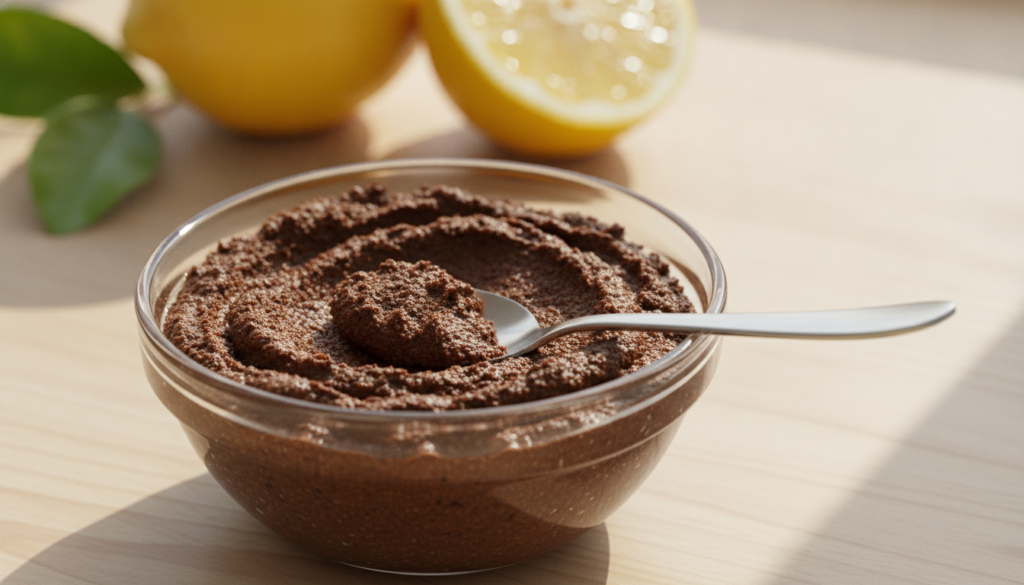 A small bowl containing a dark brown coffee and lemon paste ready for application The texture is slightly gritty but smo