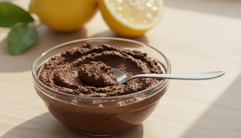 A small bowl containing a dark brown coffee and lemon paste ready for application The texture is slightly gritty but smo