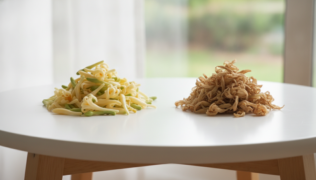 A side-by-side comparison table showing fresh papaya flowers on one side and dried papaya flowers on the other highlight