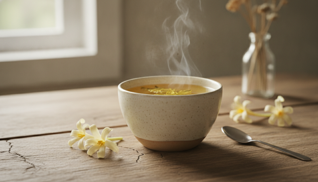 A teacup filled with light yellow herbal tea with a small handful of fresh papaya flowers beside it on a wooden surface 