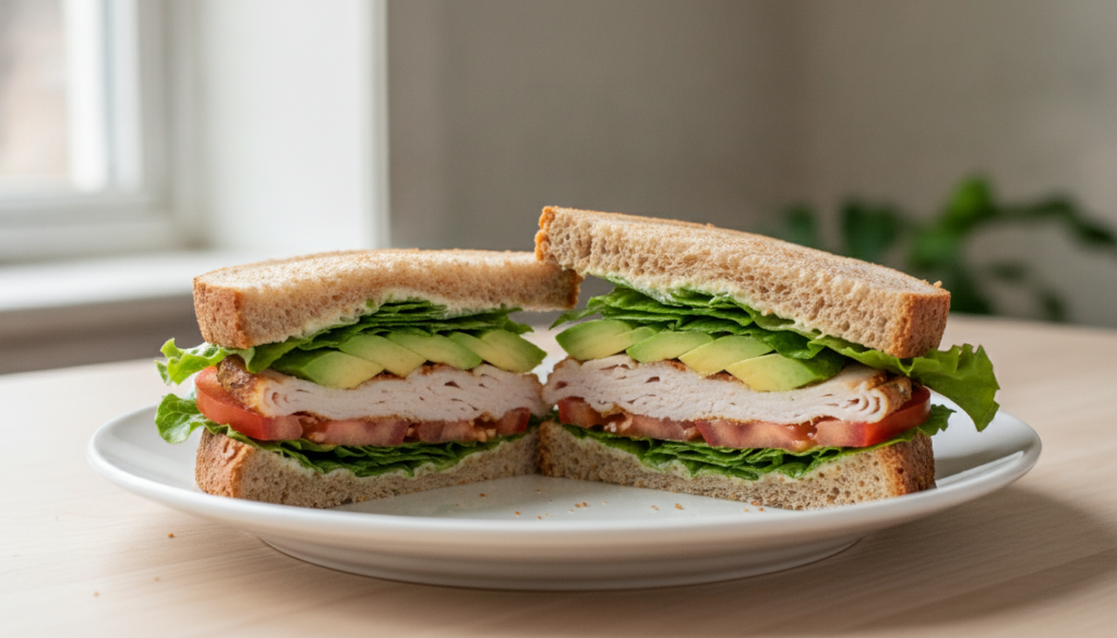 A vibrant turkey avocado sandwich on whole wheat bread layered with generous slices of roasted turkey creamy avocado cri