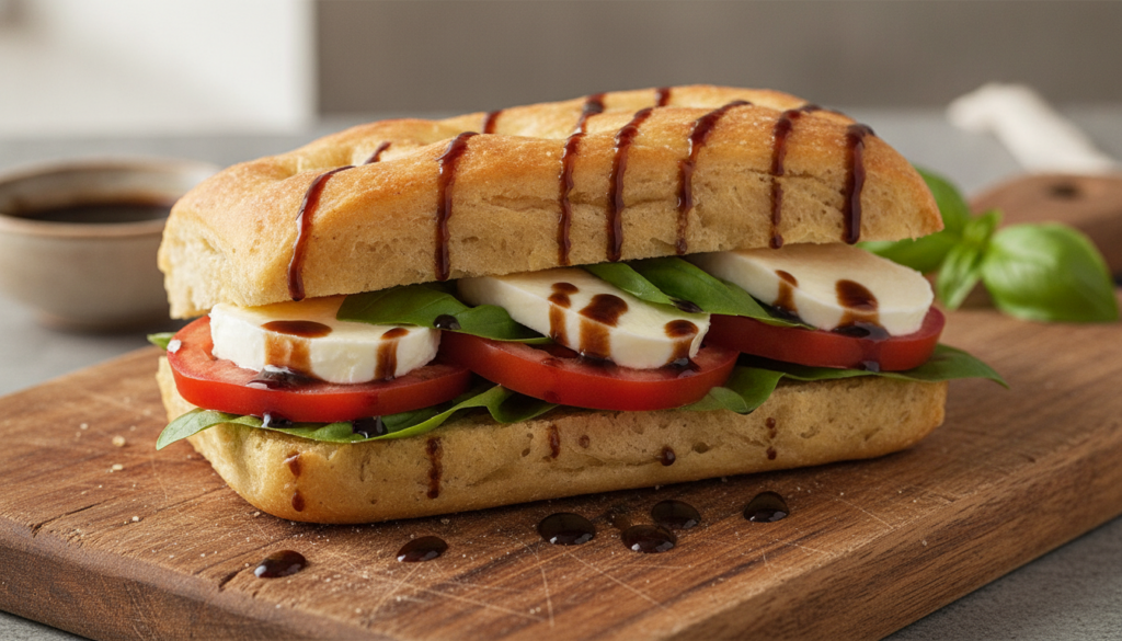 An open Caprese sandwich on a rustic focaccia bread topped with thick slices of fresh mozzarella ripe red tomatoes and v