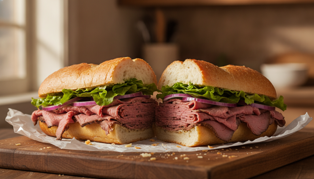 A long hearty roast beef hero sandwich in a crusty baguette overflowing with thinly sliced roast beef crisp green lettuc