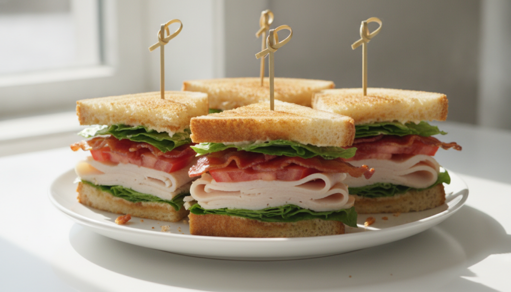 A towering triple-decker club sandwich cut into quarters and held together with toothpicks Layers of toasted white bread
