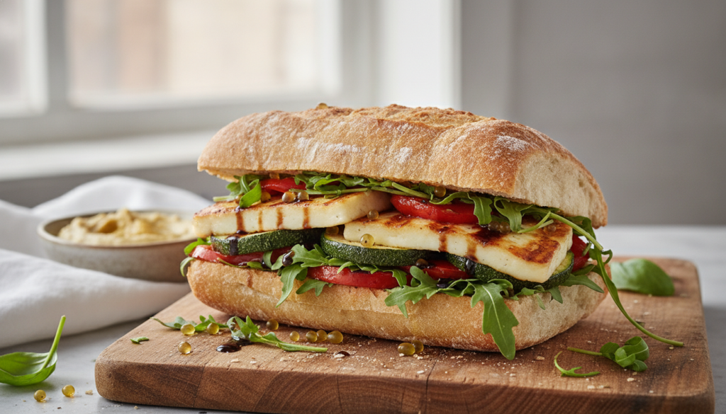 A vegetarian ciabatta sandwich featuring grilled halloumi cheese zucchini slices and roasted red peppers with fresh arug