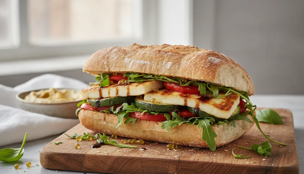 A vegetarian ciabatta sandwich featuring grilled halloumi cheese zucchini slices and roasted red peppers with fresh arug