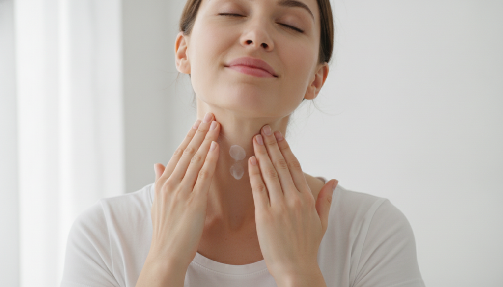 A woman gently massaging a small amount of cream onto her neck with upward strokes