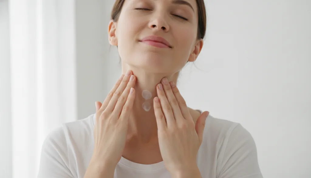 A woman gently massaging a small amount of cream onto her neck with upward strokes