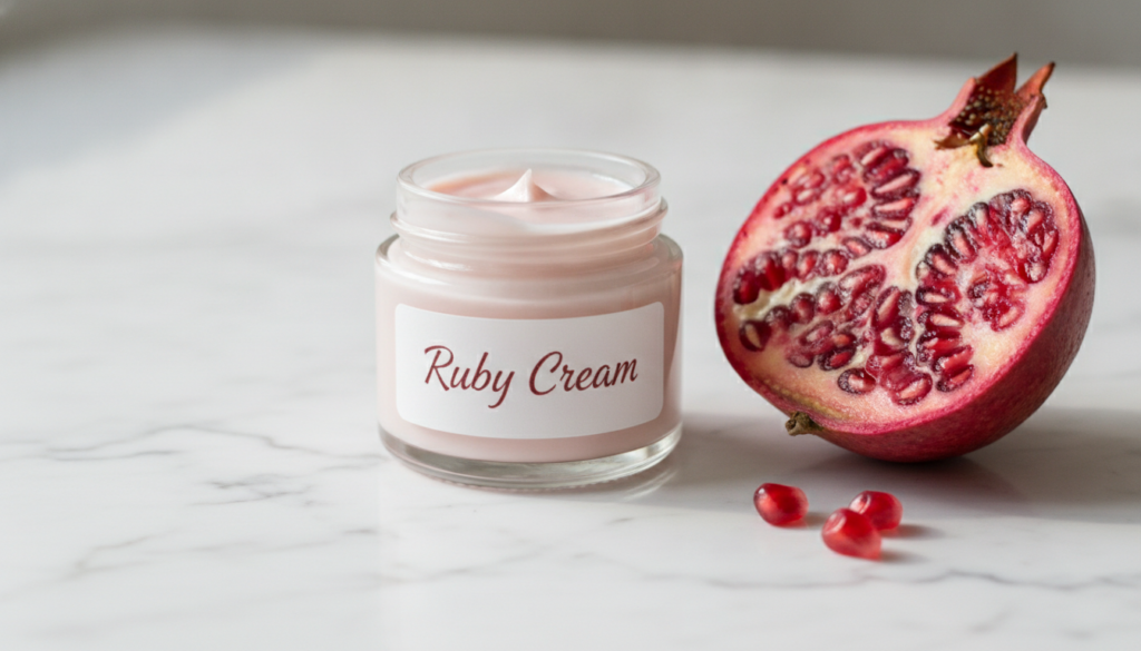A small glass jar filled with the pink Ruby Cream on a marble surface next to fresh pomegranate halves