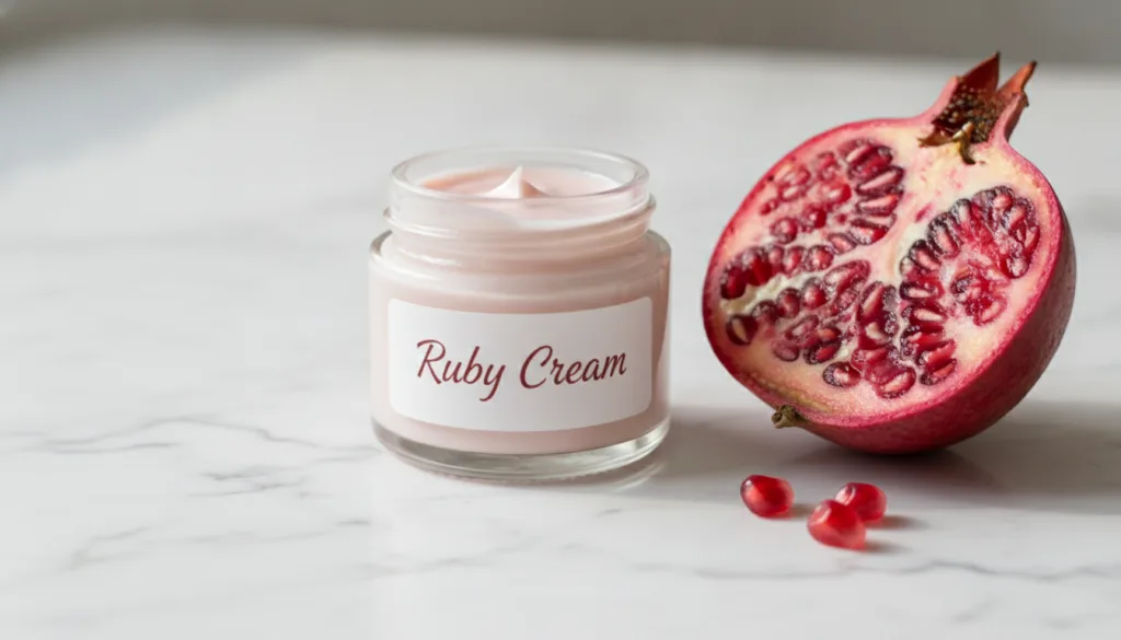 A small glass jar filled with the pink Ruby Cream on a marble surface next to fresh pomegranate halves