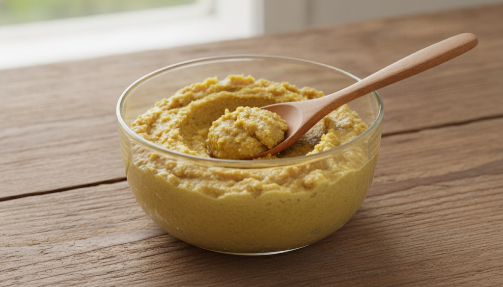 A close-up of a glass bowl containing finely grated ginger mixed with a small amount of liquid forming a thick paste A s