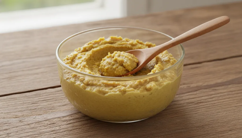 A close-up of a glass bowl containing finely grated ginger mixed with a small amount of liquid forming a thick paste A s