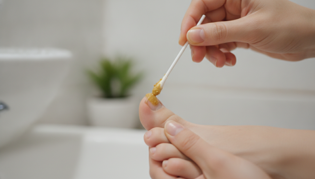 A person s hands applying a ginger paste to a toenail using a cotton swab demonstrating the application process The back