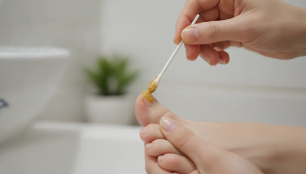 A person s hands applying a ginger paste to a toenail using a cotton swab demonstrating the application process The back