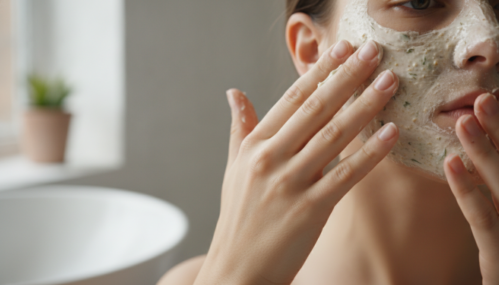 A person gently applying a DIY facial mask to their cheek with natural light and a serene background showcasing a mindfu