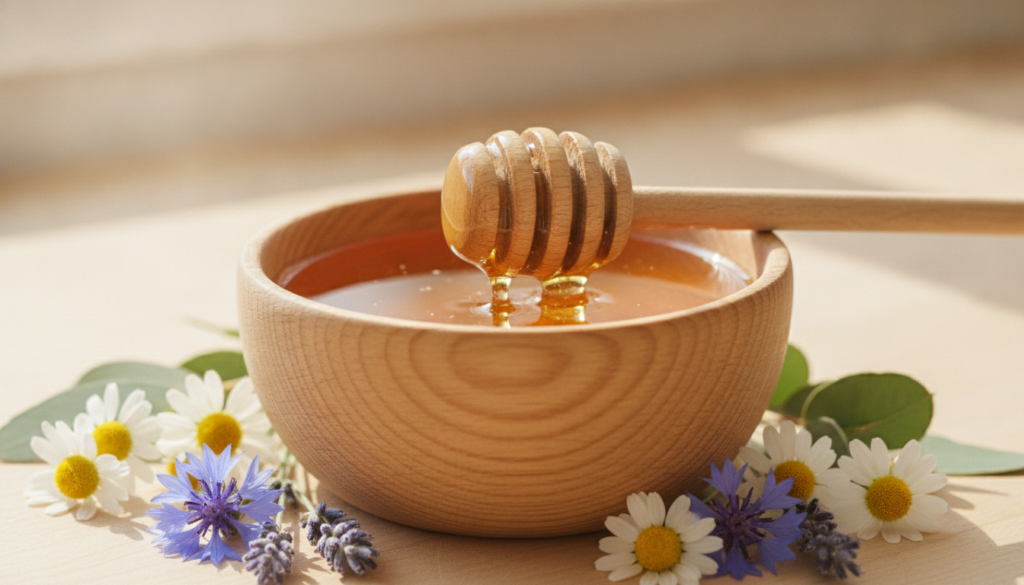 A close-up of a small bowl of golden honey with a wooden dipper surrounded by fresh flowers and soft lighting emphasizin