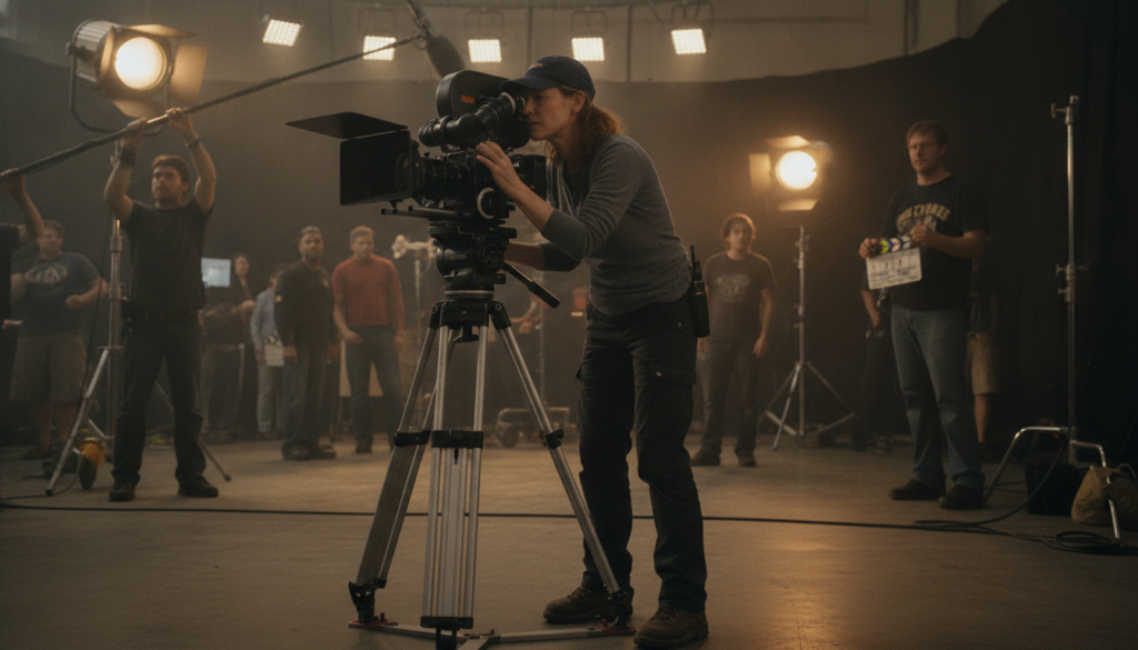 Jodie Foster directing a film perhaps looking through a camera viewfinder or giving instructions on set in a professiona