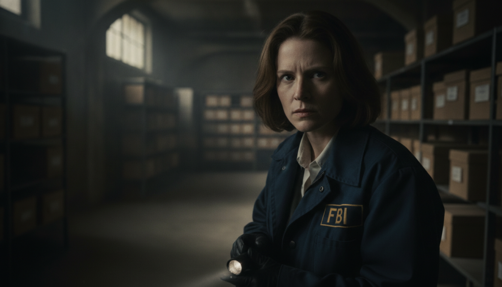 Jodie Foster as Clarice Starling in The Silence of the Lambs looking intense and focused wearing an FBI jacket or simila
