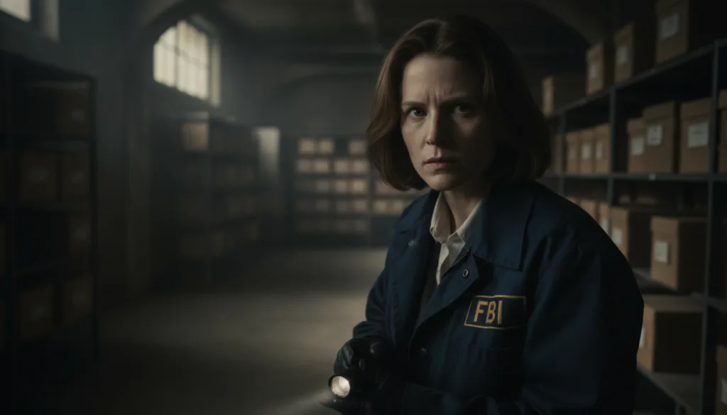 Jodie Foster as Clarice Starling in The Silence of the Lambs looking intense and focused wearing an FBI jacket or simila