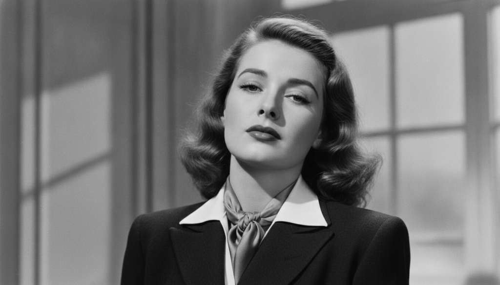 Real publicity photo of a young Lauren Bacall from the 1940s showcasing her iconic look with her head tilted and eyes lo