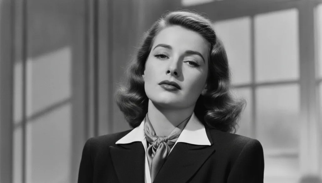 Real publicity photo of a young Lauren Bacall from the 1940s showcasing her iconic look with her head tilted and eyes lo