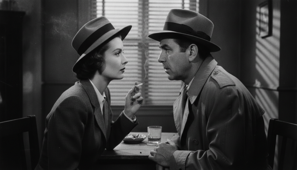 Real film still of Lauren Bacall and Humphrey Bogart together in a classic film showing their famous on-screen chemistry