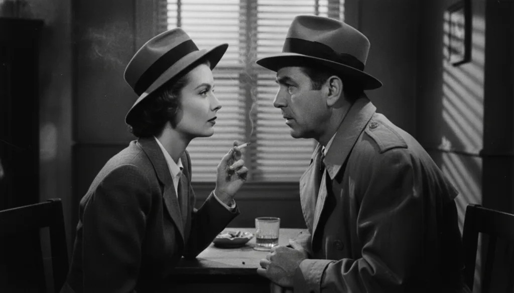 Real film still of Lauren Bacall and Humphrey Bogart together in a classic film showing their famous on-screen chemistry