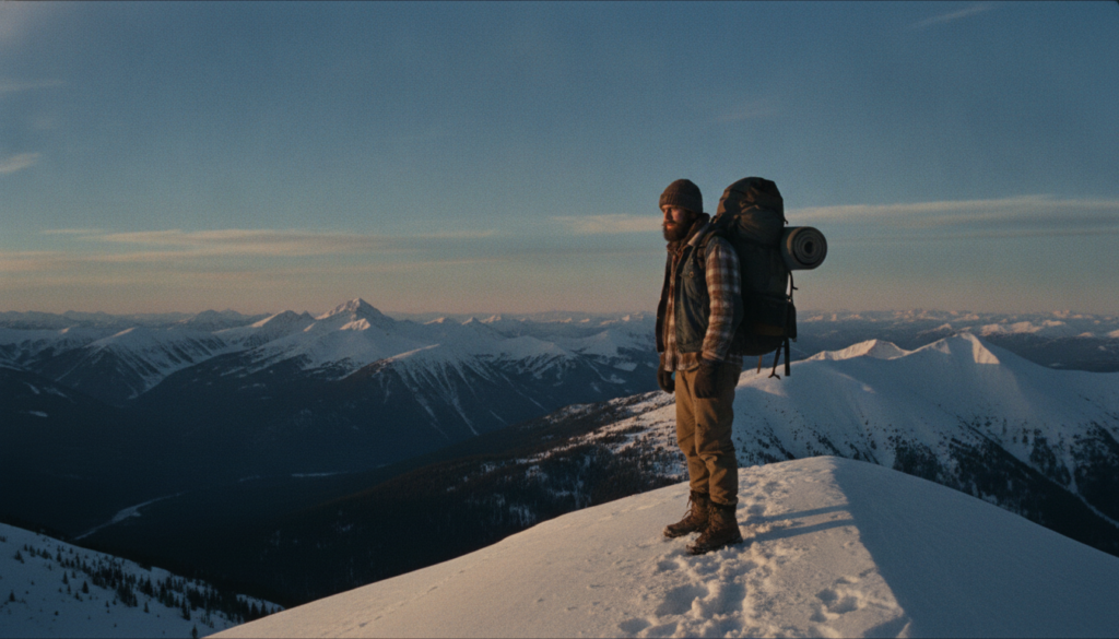 A real film still from Into the Wild directed by Sean Penn featuring the protagonist in a vast natural landscape evoking