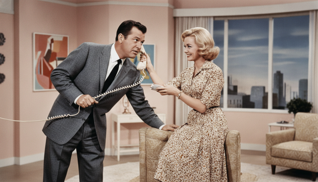 A real film still from Pillow Talk featuring Rock Hudson and Doris Day showing them in a comedic romantic scene