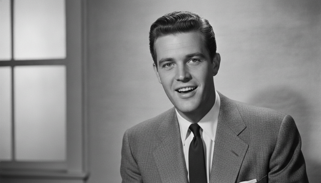 A real publicity photo of a young Rock Hudson smiling confidently perhaps a different pose than the quiz image but from 