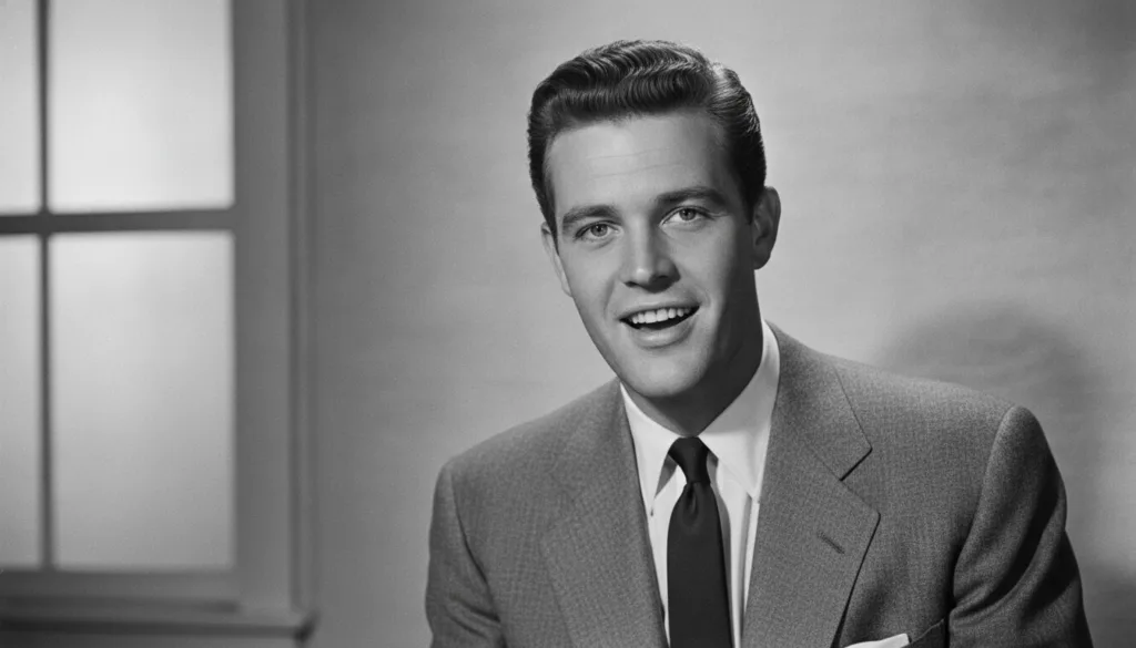 A real publicity photo of a young Rock Hudson smiling confidently perhaps a different pose than the quiz image but from 