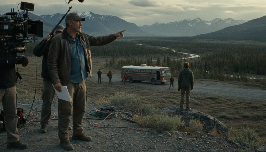 Sean Penn directing on a film set or a still from a film he directed like Into the Wild