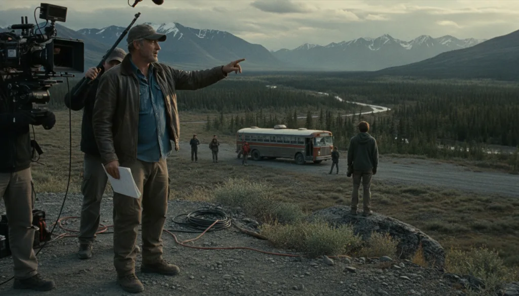 Sean Penn directing on a film set or a still from a film he directed like Into the Wild