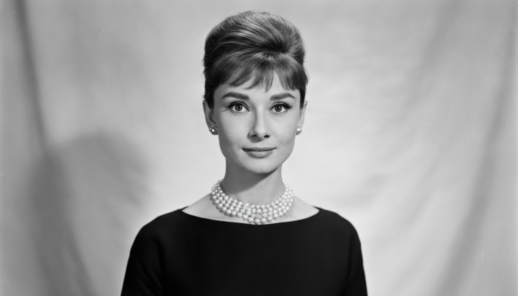 A black and white portrait of a young Audrey Hepburn looking elegant and classic
