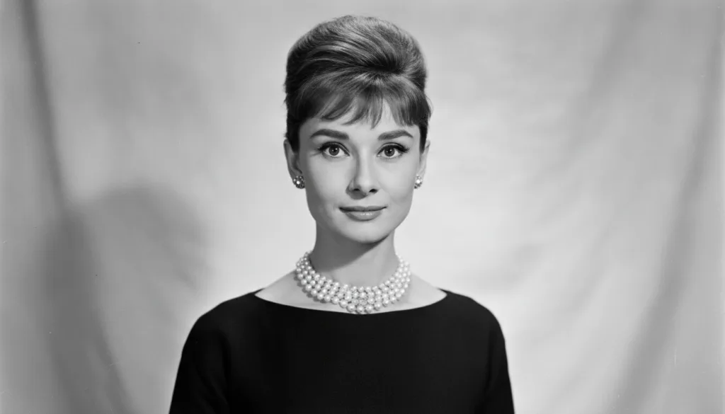 A black and white portrait of a young Audrey Hepburn looking elegant and classic