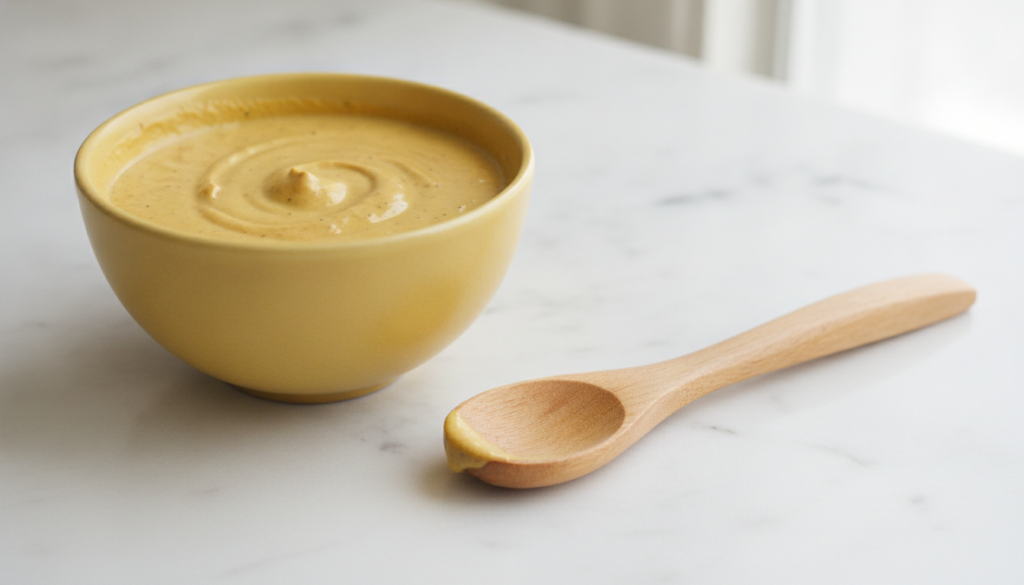 Close-up of a small bowl containing the mixed yellow face mask with a spoon beside it