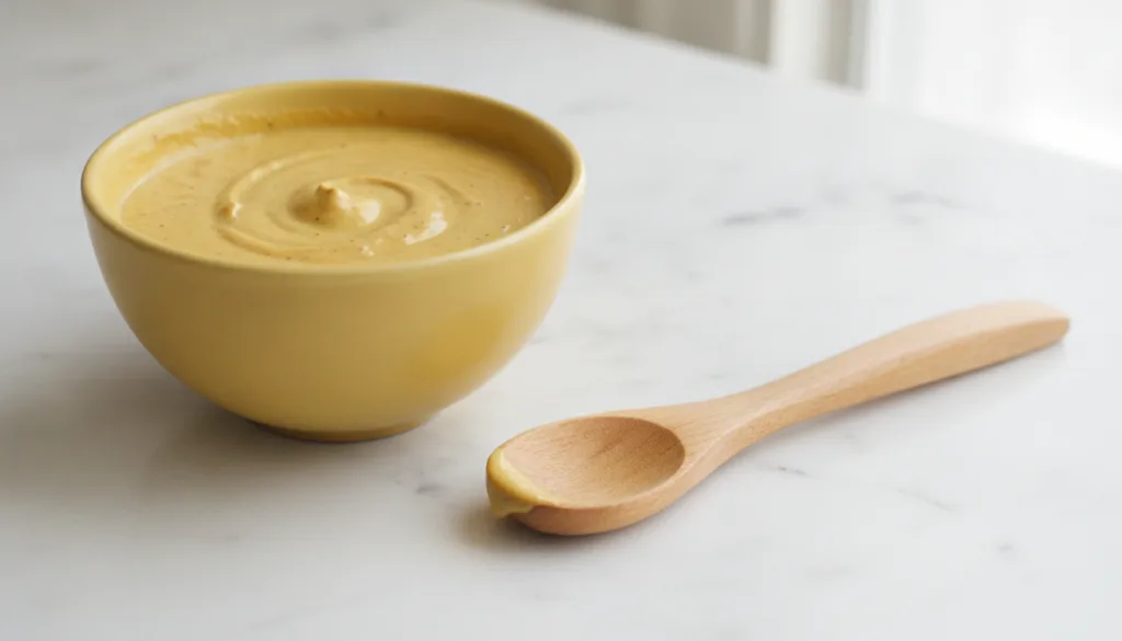 Close-up of a small bowl containing the mixed yellow face mask with a spoon beside it