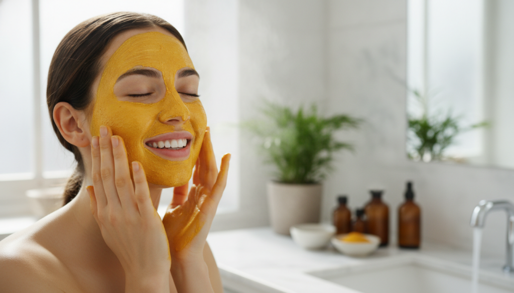 A woman applying a yellow-hued face mask to her clean face looking refreshed and happy