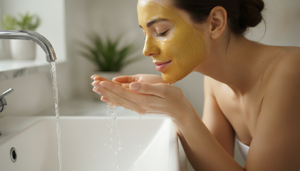 A woman s hands gently rinsing a small amount of yellow mask off her face over a sink