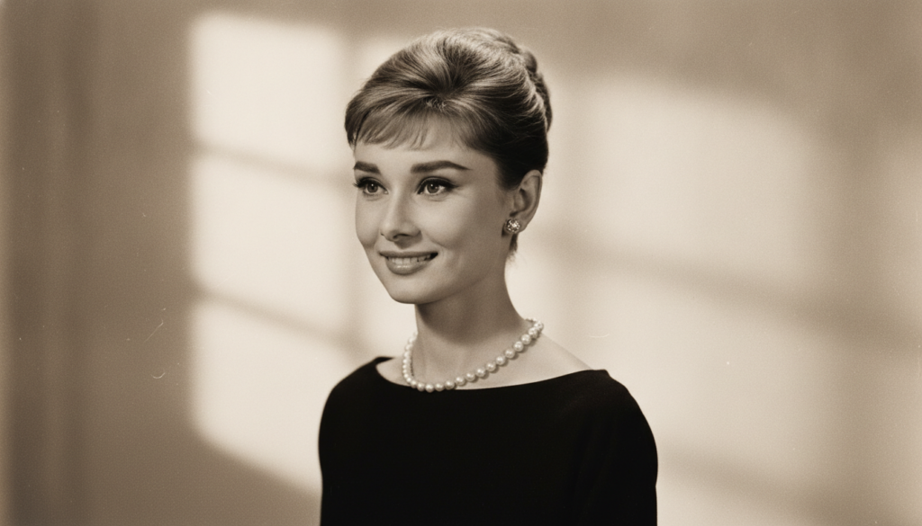 A classic portrait of a young Audrey Hepburn smiling with her signature elegant style possibly from the era of Breakfast