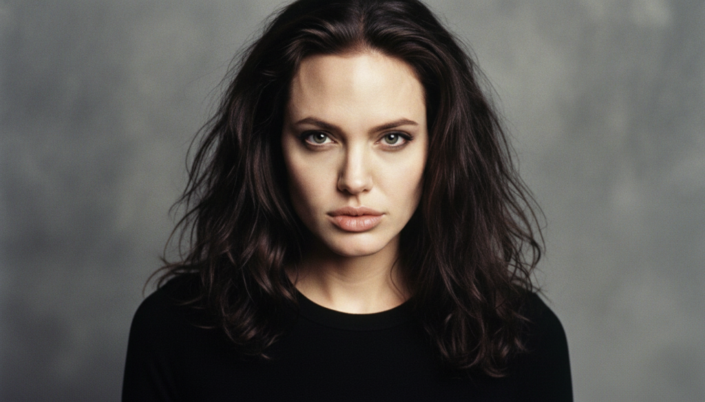 A real publicity photo of Angelina Jolie from the late 1990s or early 2000s showcasing her iconic look during her rise t