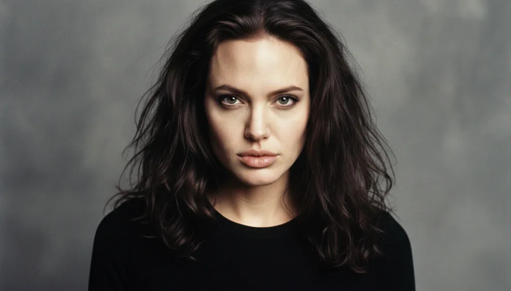 A real publicity photo of Angelina Jolie from the late 1990s or early 2000s showcasing her iconic look during her rise t