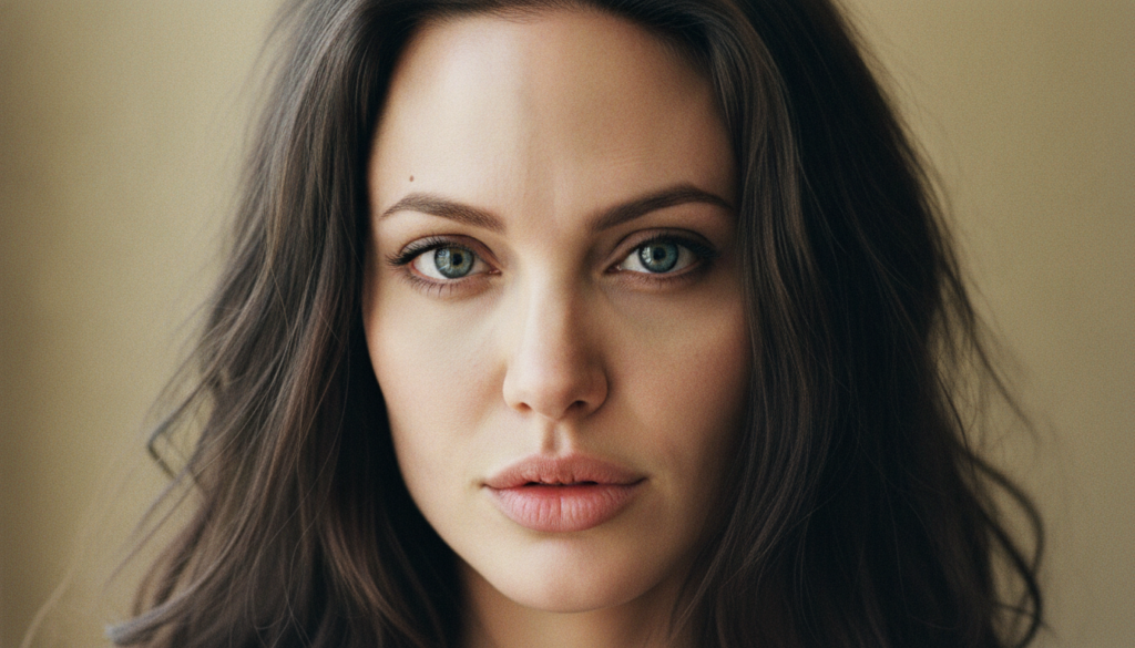 A close-up real portrait of Angelina Jolie s face from her early career highlighting her eyes and lips