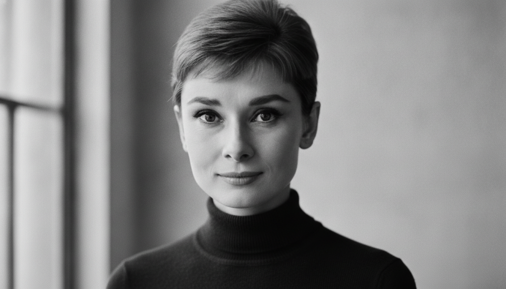 A black and white portrait of Audrey Hepburn showing her elegant and classic Hollywood look possibly with her iconic sho