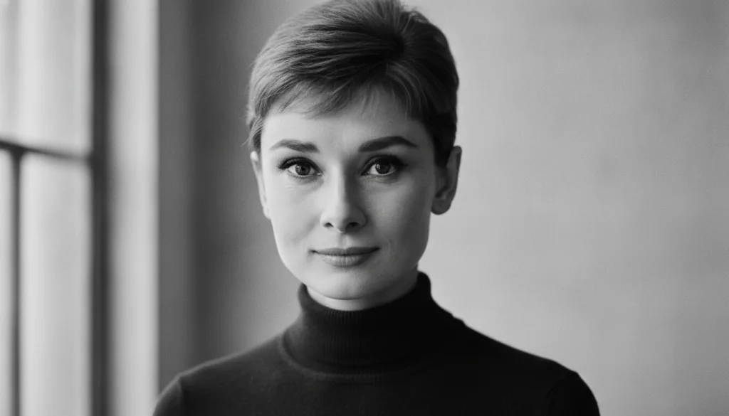 A black and white portrait of Audrey Hepburn showing her elegant and classic Hollywood look possibly with her iconic sho