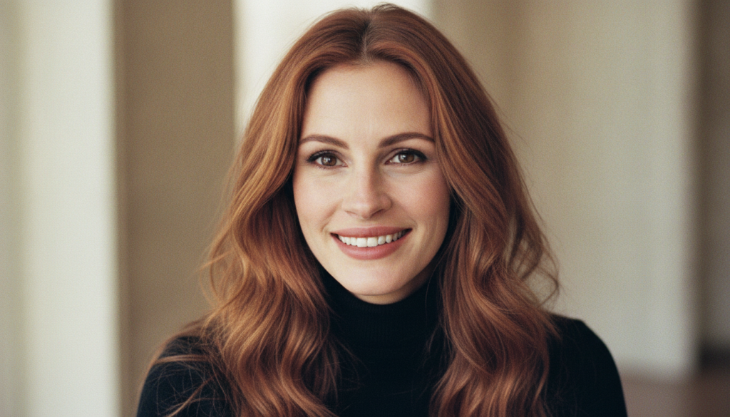 A real publicity photo of Julia Roberts from the 1990s showcasing her expressive eyes and classic look